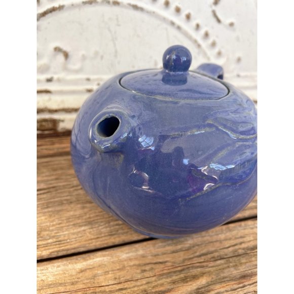 Antique 1930s Blue Glaze stoneware pottery Small Teapot Cherry Leaves - Picture 12 of 13